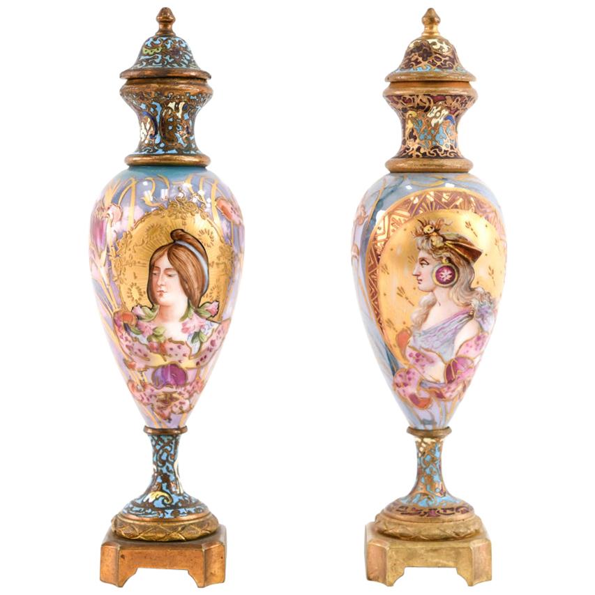Pair of Miniature Sèvres Porcelain French Urns