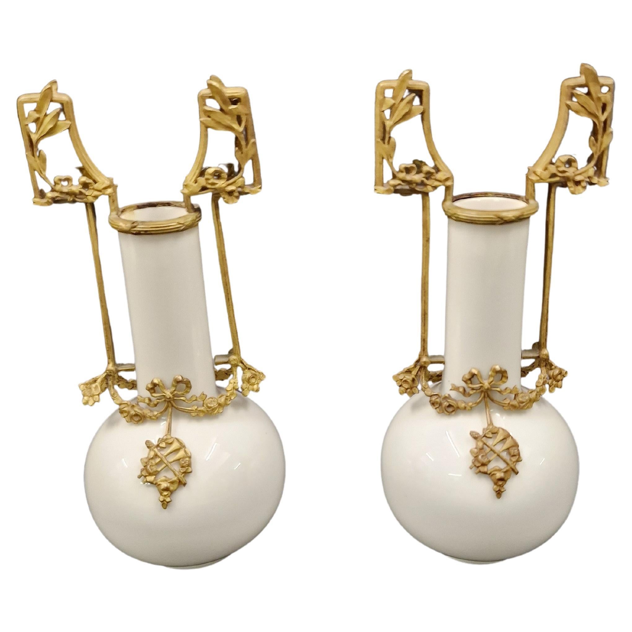 Pair Miniature Flower Vases, White Porcelain, Bronze, Napoleon III, 1890, France