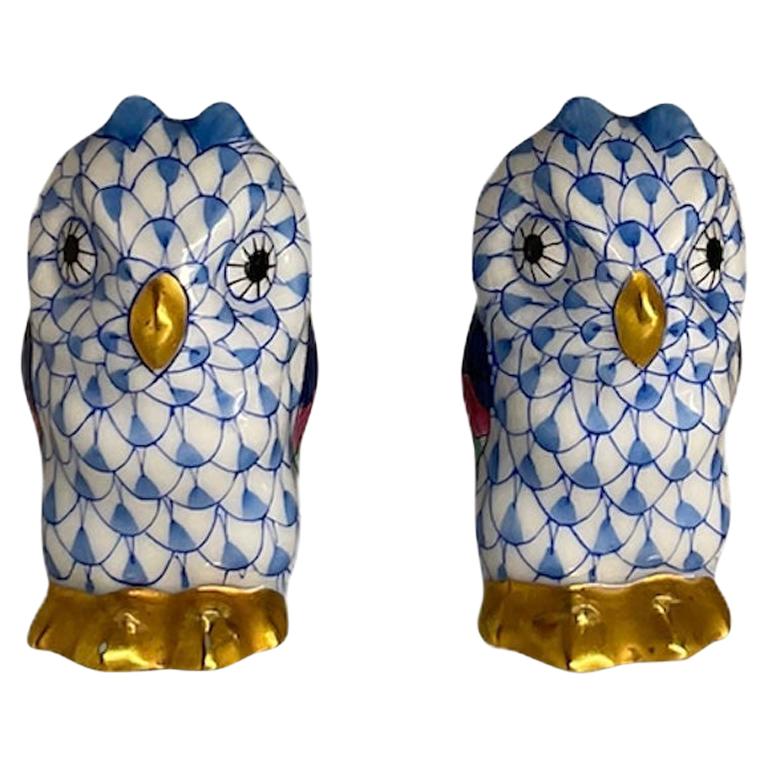 Pair of Miniatures Herend Hand Painted Porcelain Owls