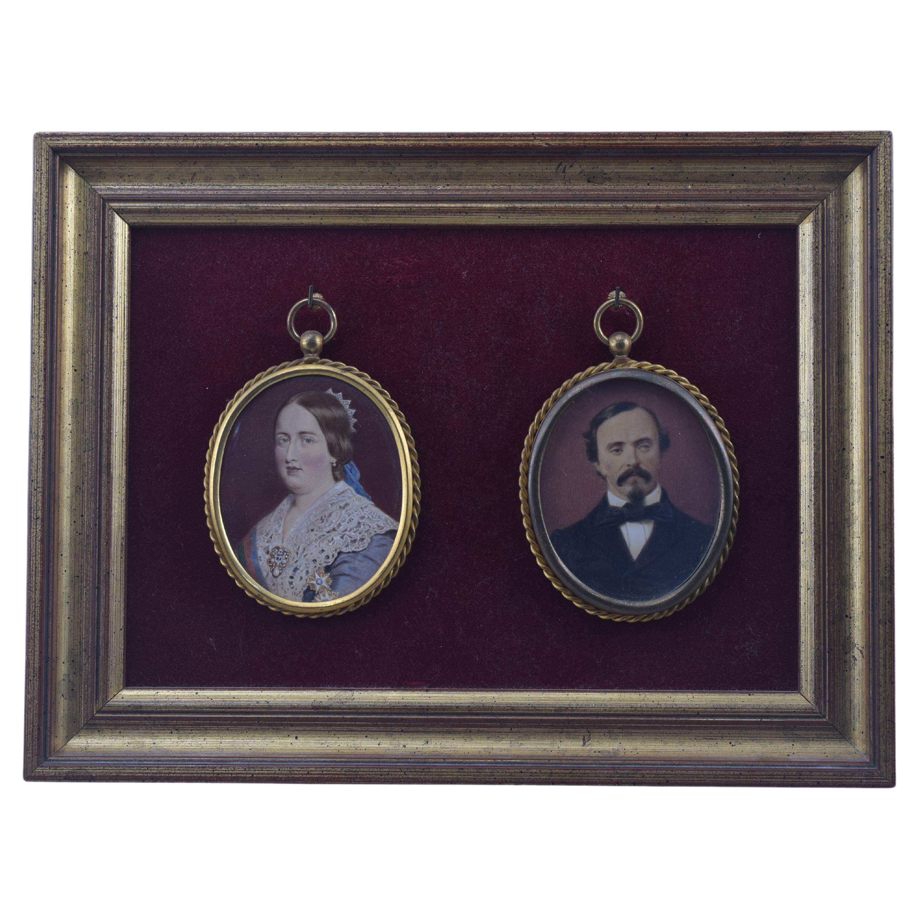 Pair of miniatures, Ferdinand II of Portugal and Isabel II of Portugal. For Sale