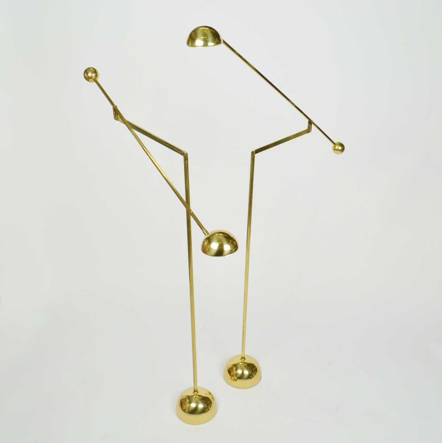 German Pair of Minimal Brass Counter Balance Floor Lamps, 1970s