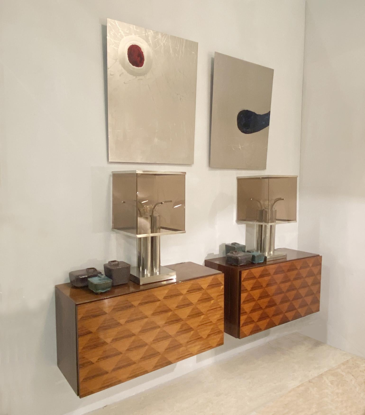 Mid-Century Modern Pair of Minimal Wall Mounted 1960's Sideboards with Diamond Veneer For Sale