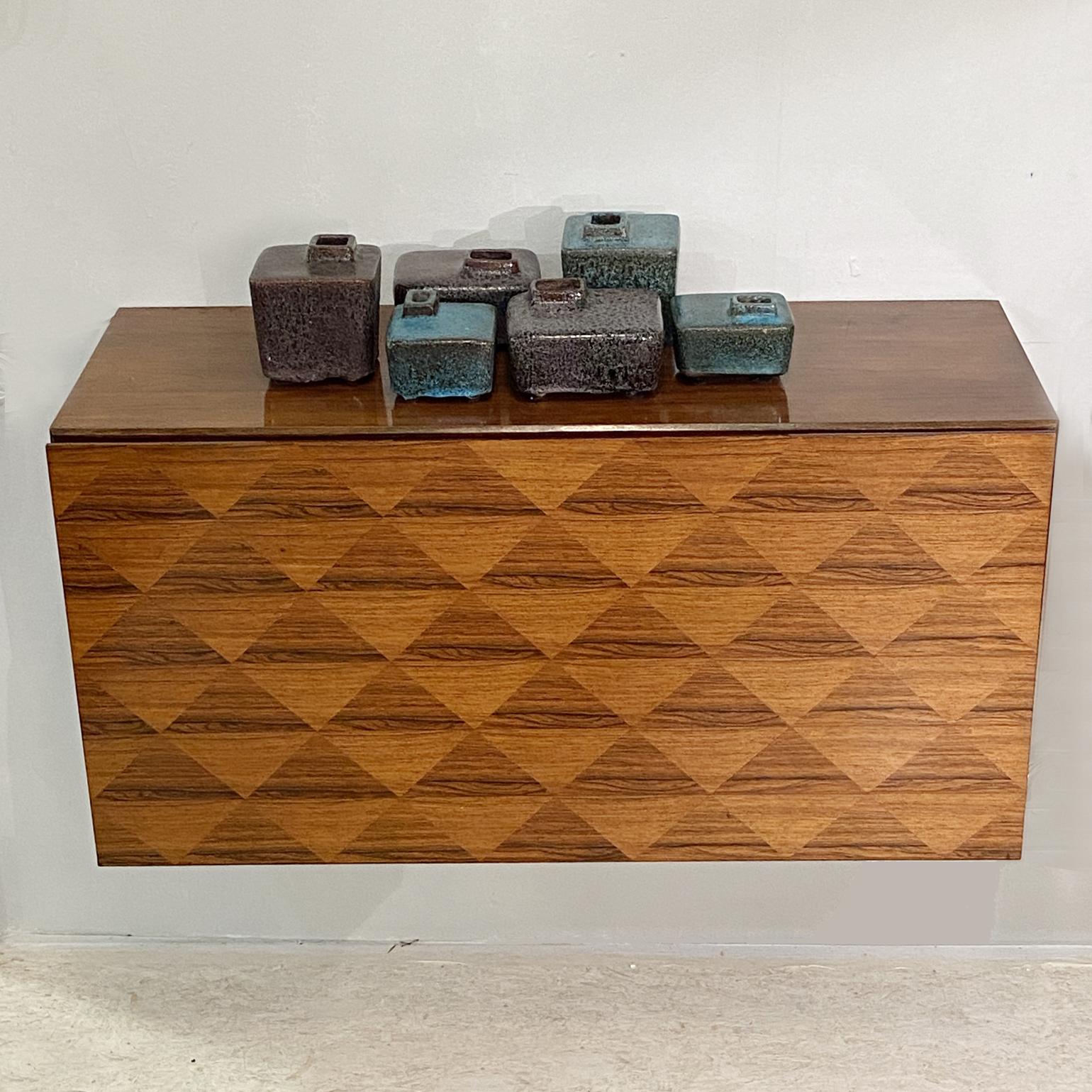 Pair of Minimal Wall Mounted 1960's Sideboards with Diamond Veneer In Excellent Condition For Sale In London, GB