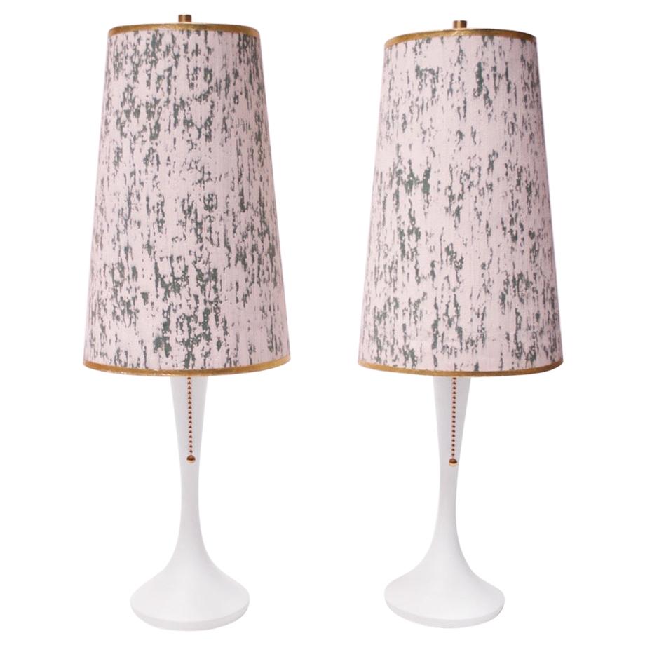Pair of Minimal Wooden Midcentury Bedside Lamps with Shades