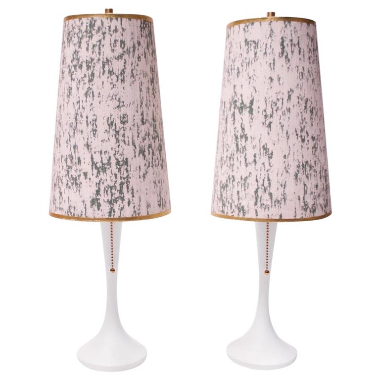Pair of Minimal Wooden Midcentury Bedside Lamps with Shades For Sale at 1stDibs mid century