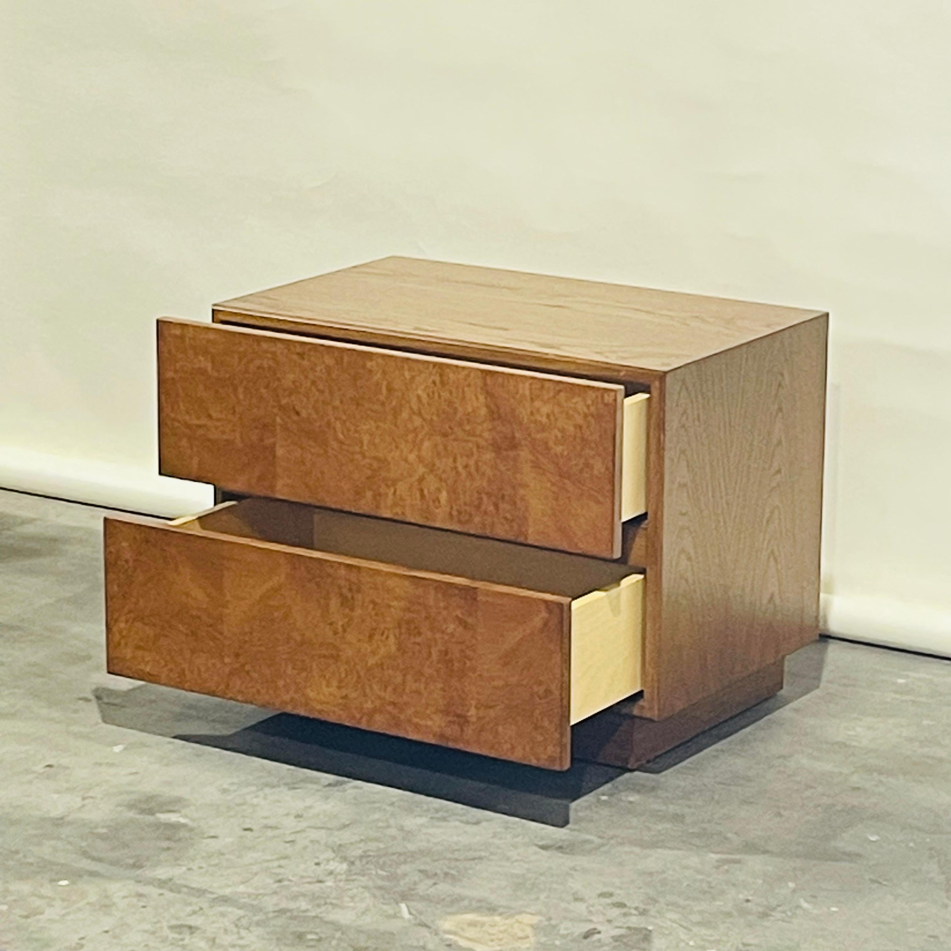 Brutalist Pair of Minimalist 'Amboine' Burlwood Night Stands by Design Frères For Sale