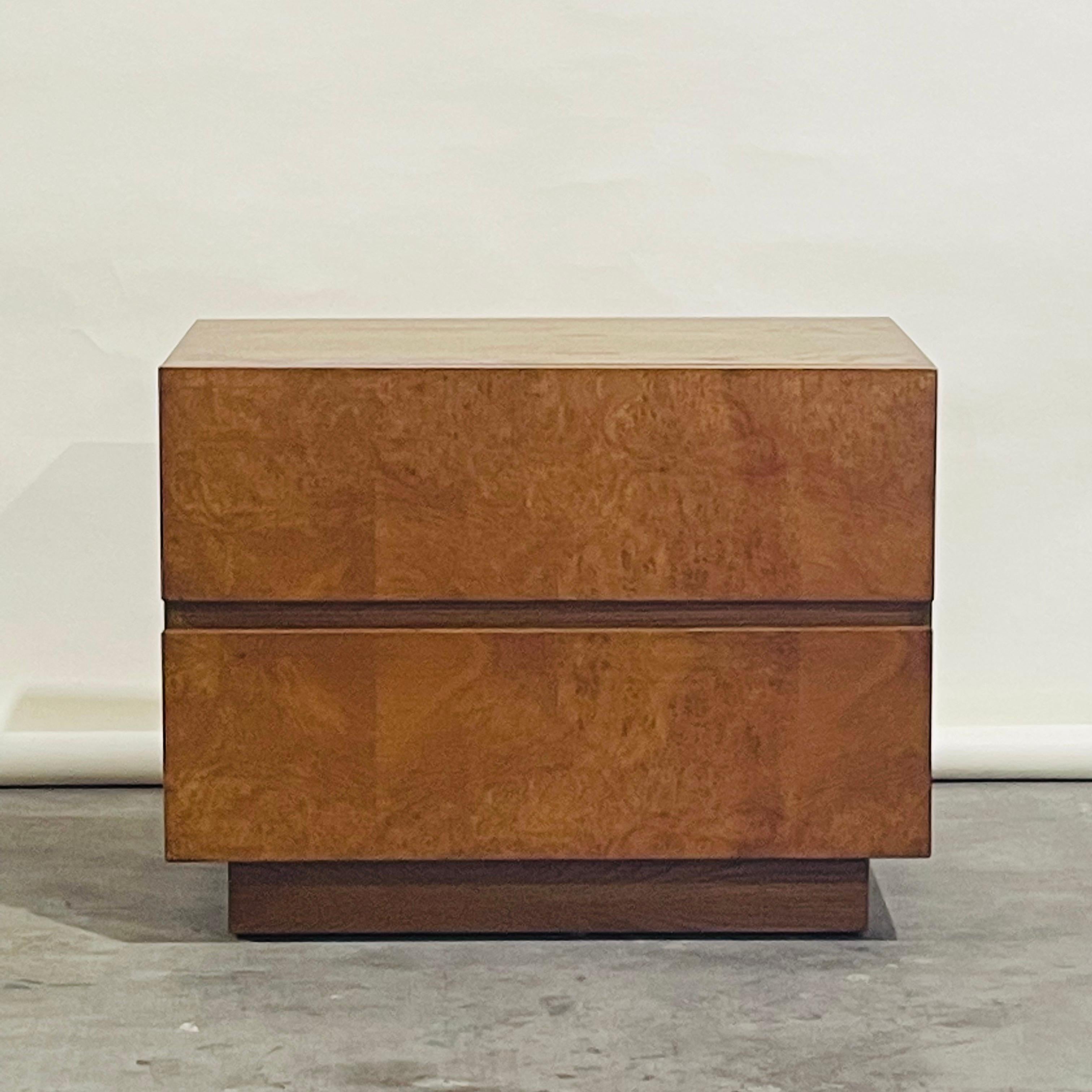 American Pair of Minimalist 'Amboine' Burlwood Night Stands by Design Frères For Sale
