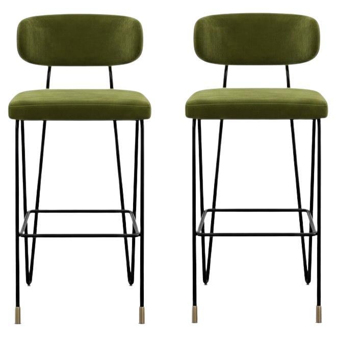 Pair of Minimalist Barstools in Black Iron Frame and Brass Detailing