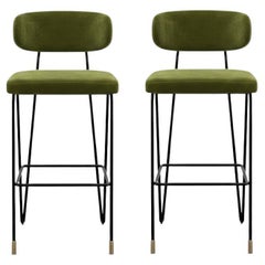 Pair of Minimalist Barstools in Black Iron Frame and Brass Detailing