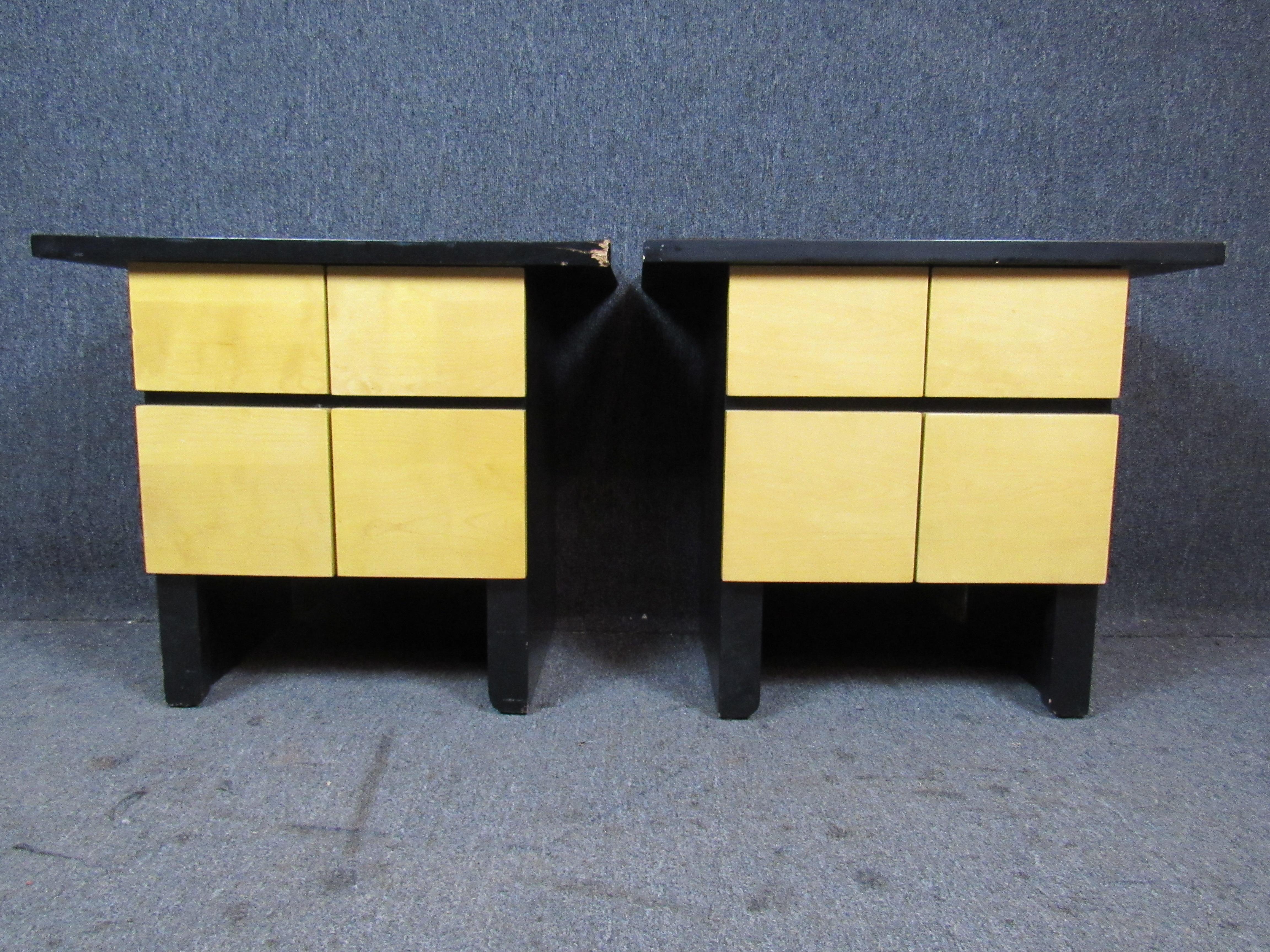Funky pair of piano lacquer and maple side tables combining minimalist, modernist, and Asian design elements! With four pull-out drawers each, these tables offer plenty of compact storage options for the home or office. Please confirm item pickup
