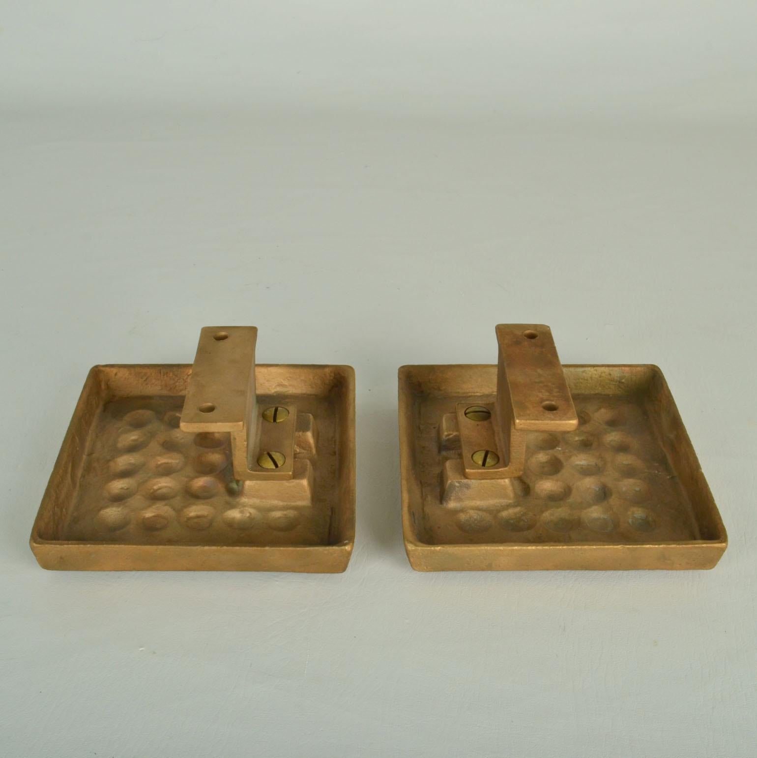 Late 20th Century Architectural Pair of Bronze Square Push Pull Door Handles with Geometric Relief