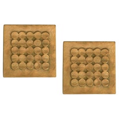 Architectural Pair of Bronze Square Push Pull Door Handles with Geometric Relief
