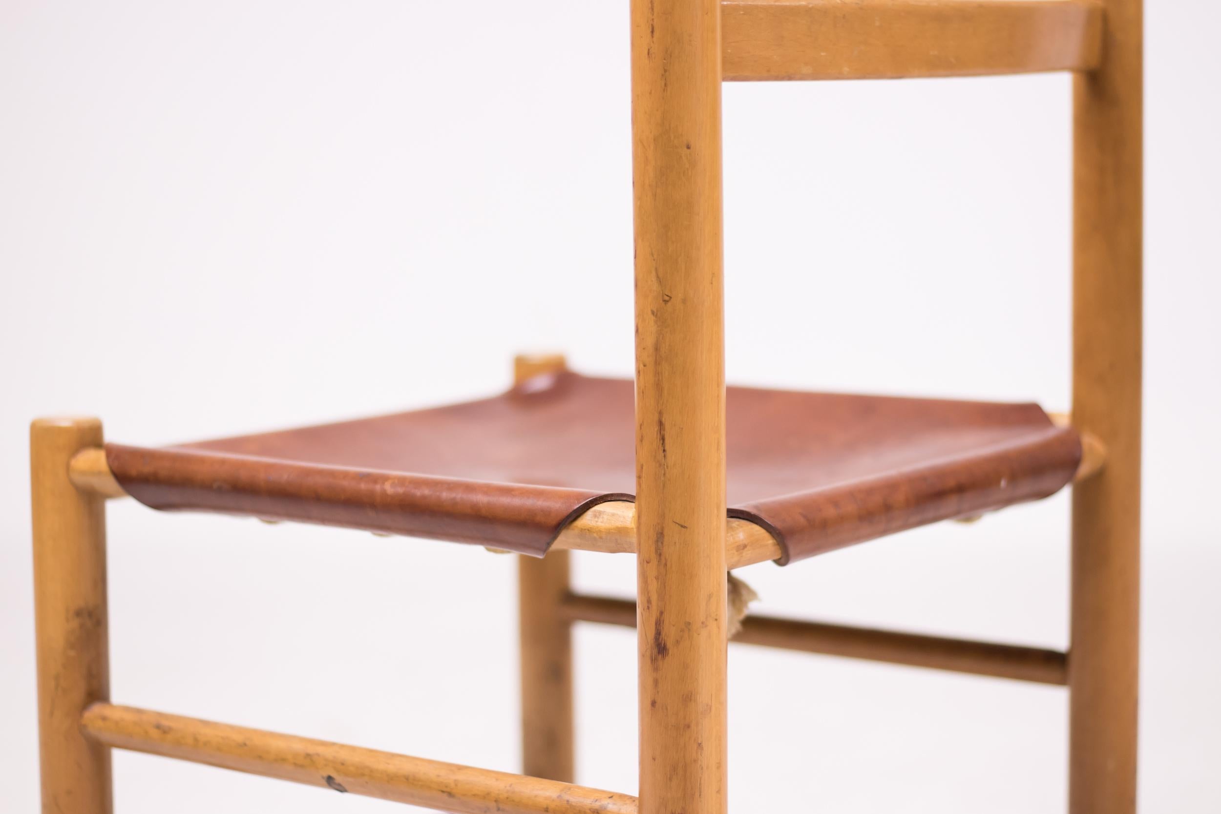 Dutch Pair of Minimalist Chairs in Maple and Saddle Leather
