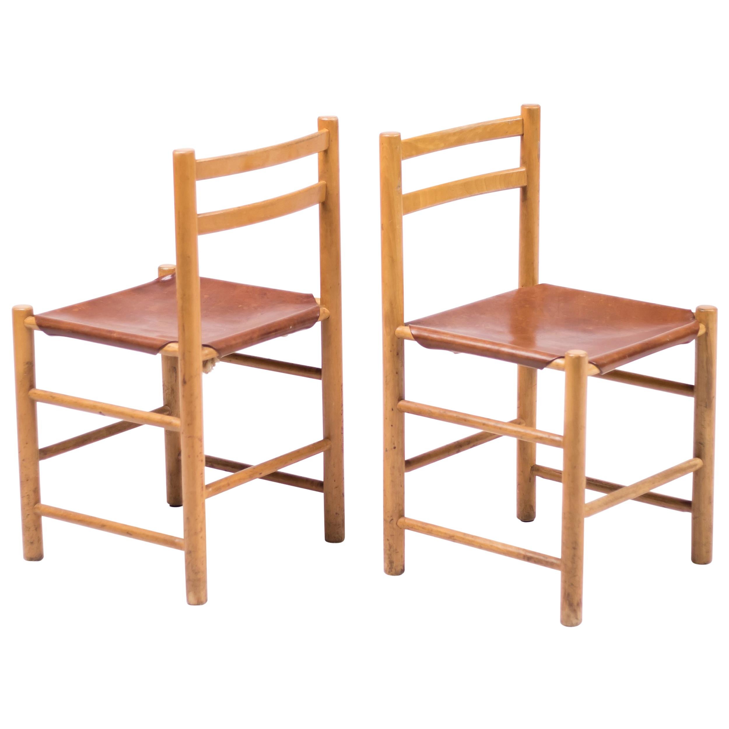 Pair of Minimalist Chairs in Maple and Saddle Leather