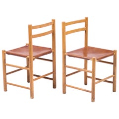 Pair of Minimalist Chairs in Maple and Saddle Leather