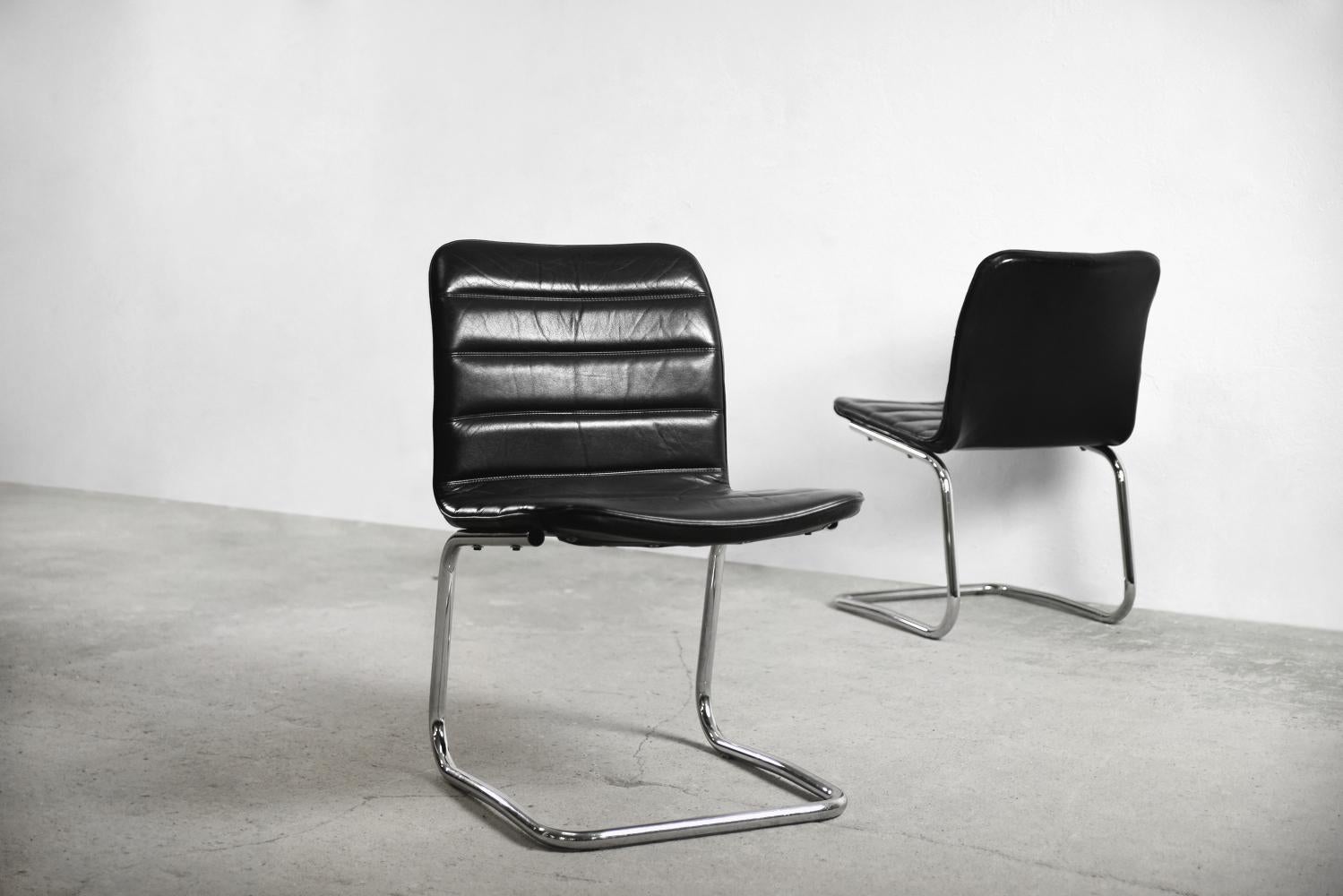 Mid-20th Century Pair of Minimalist Chrome & Black Leather Club Chairs from Pol International For Sale