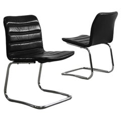 Vintage Pair of Minimalist Chrome & Black Leather Club Chairs from Pol International