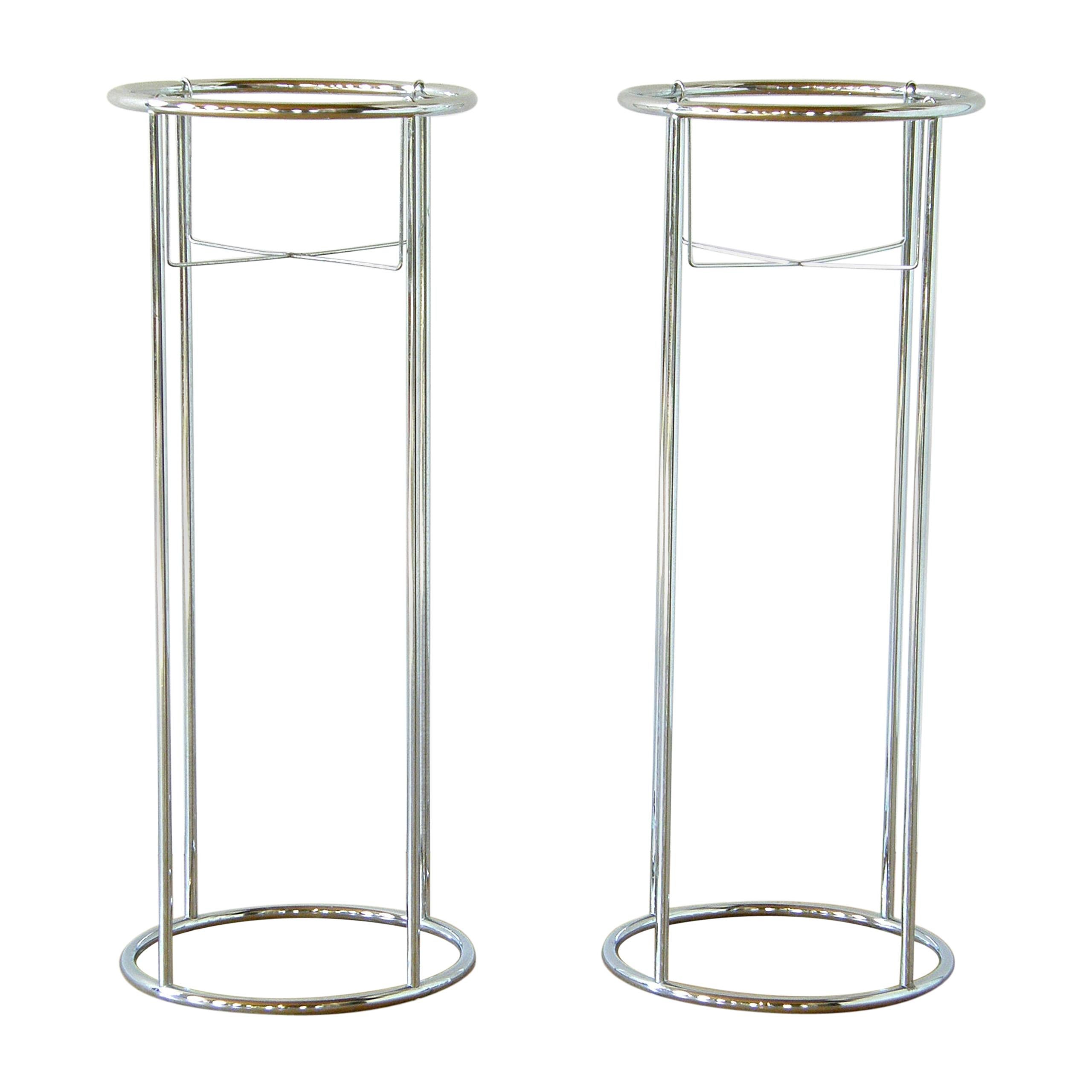 Pair of Minimalist Chrome Plant Stands Tall and Round with Open Framework