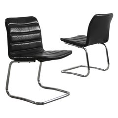 Pair of Minimalist Chromed Black Leather German Chairs by Pol International 1960