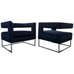 Pair of Minimalist Floating Back Cube Chairs in Blue Velvet