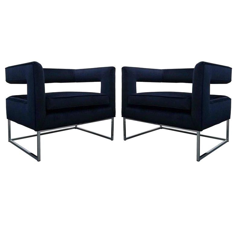 Pareja de Sillas Cubo con Respaldo Flotante Minimalistas en Terciopelo Azul