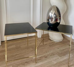 Pair of Minimalist Gilt Side Tables with Black Formica Tops, France, 1970