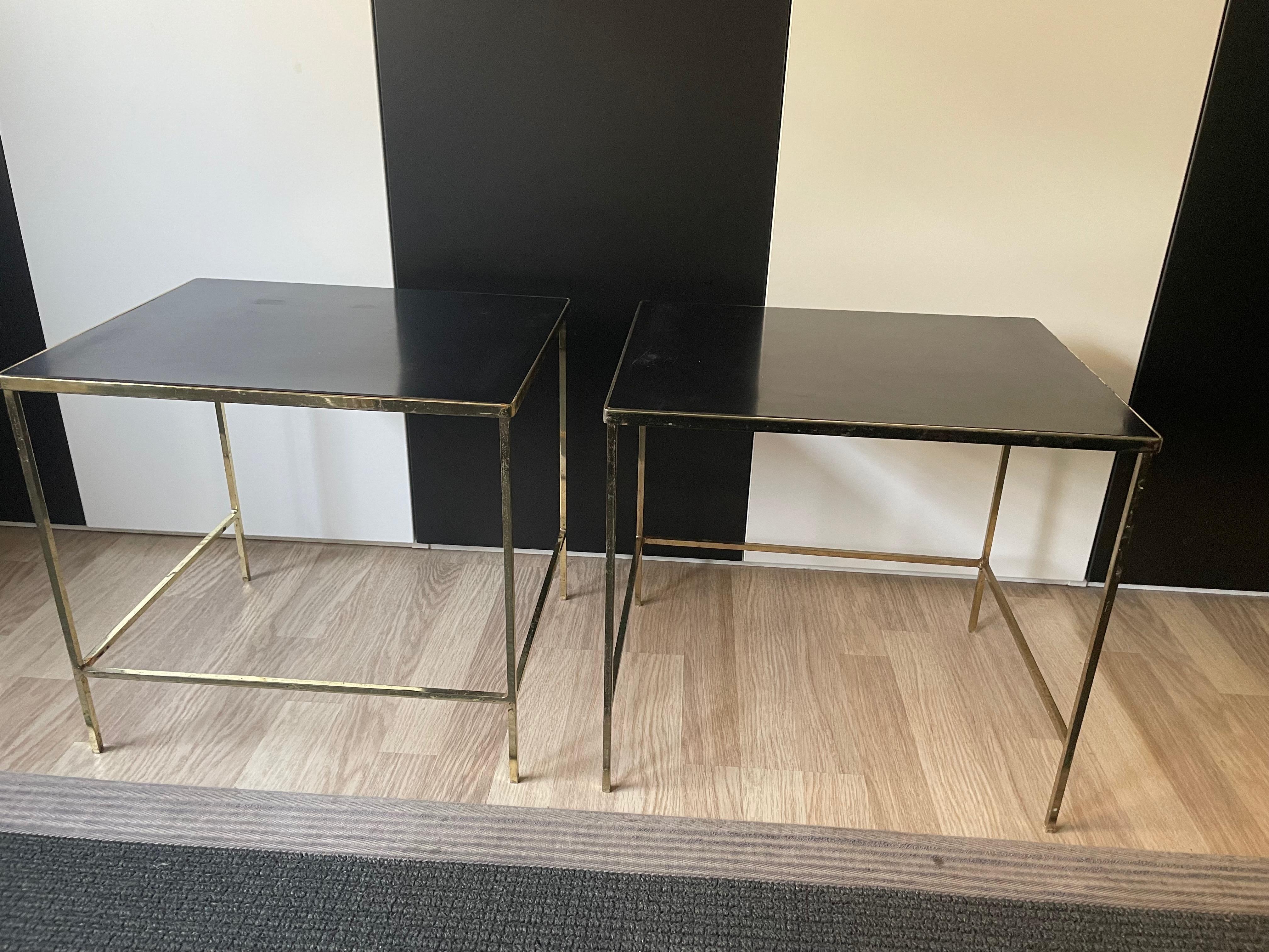French Pair of Minimalist Gilt Side Tables with Black Formica Tops, France, 1970 For Sale