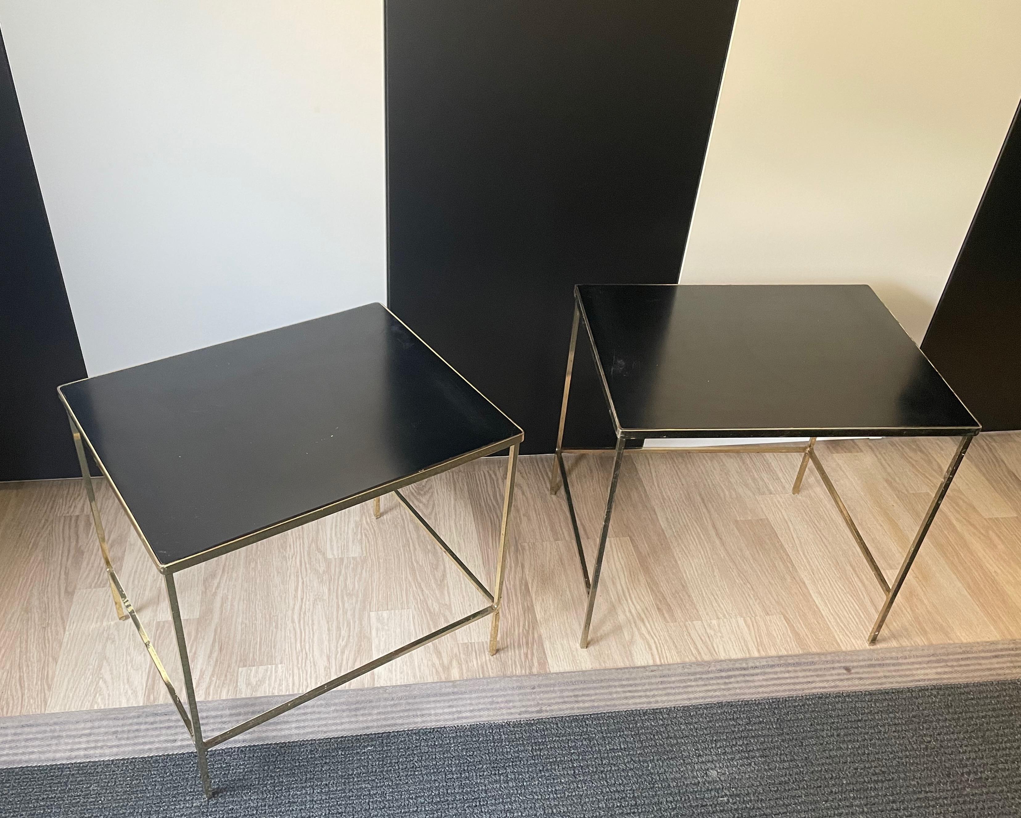 Late 20th Century Pair of Minimalist Gilt Side Tables with Black Formica Tops, France, 1970 For Sale