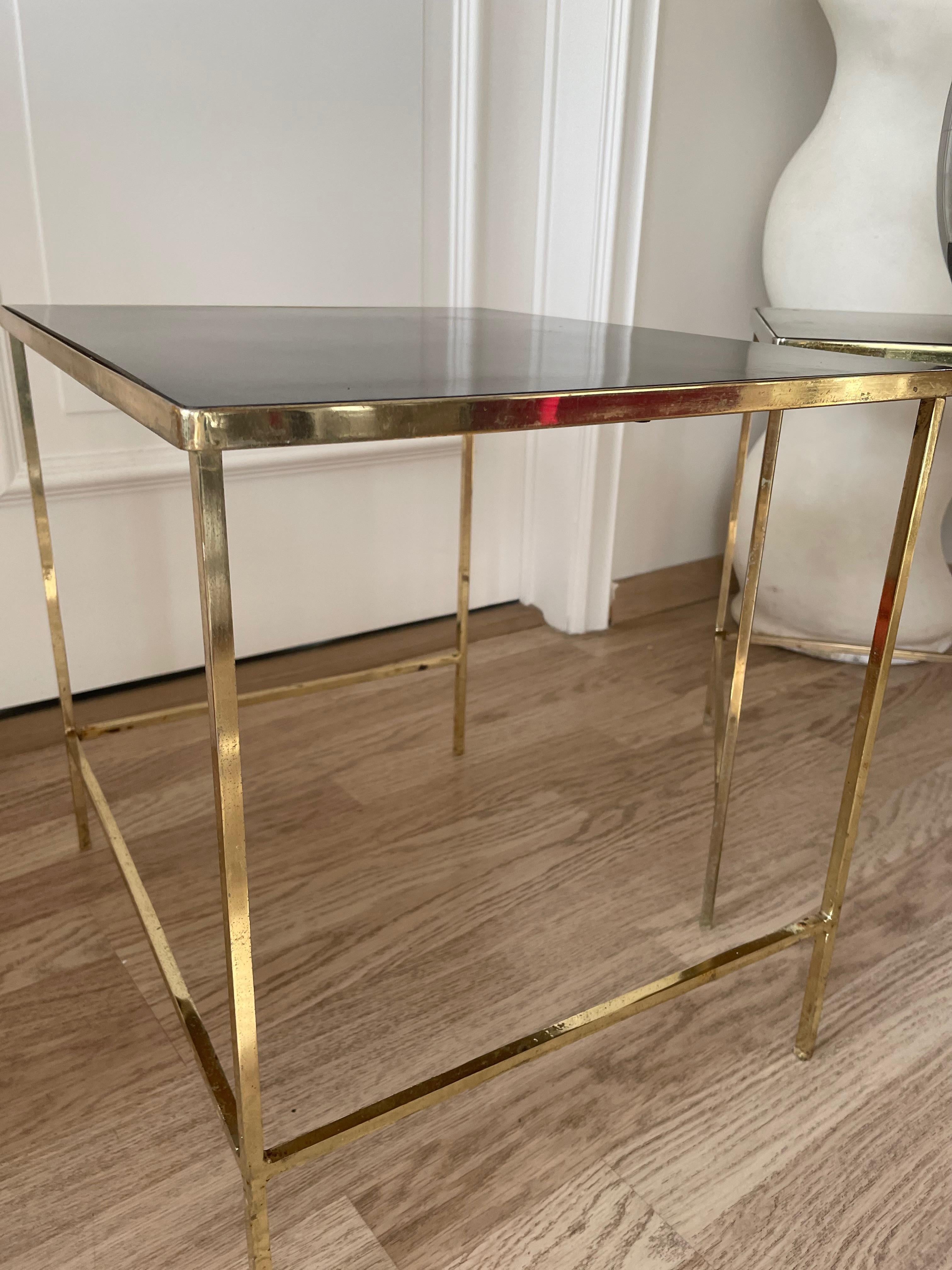 Metal Pair of Minimalist Gilt Side Tables with Black Formica Tops, France, 1970 For Sale