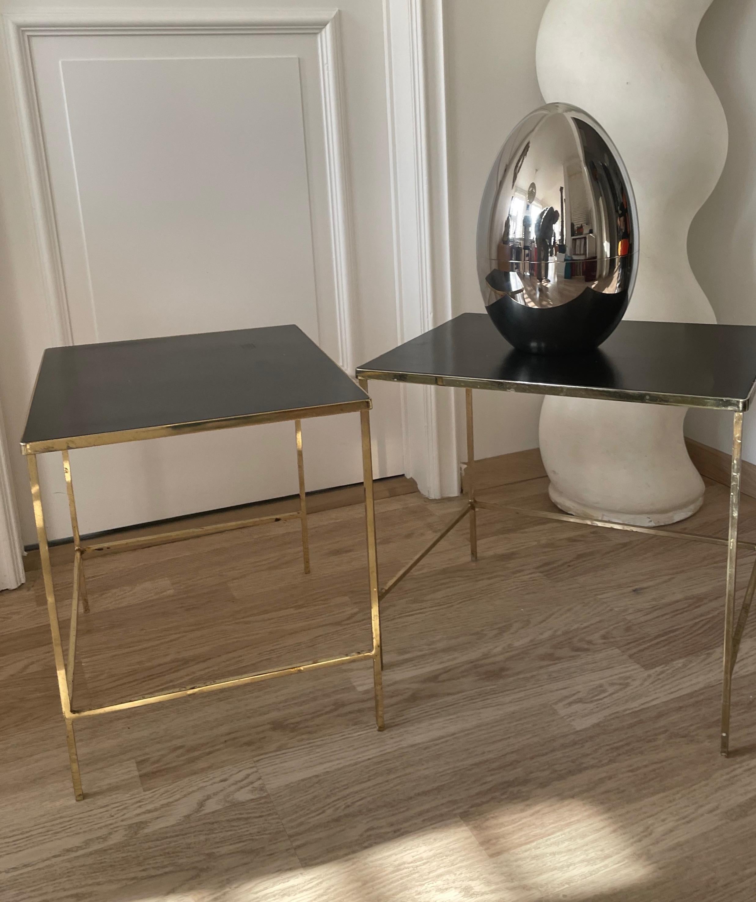 Pair of Minimalist Gilt Side Tables with Black Formica Tops, France, 1970 For Sale 1