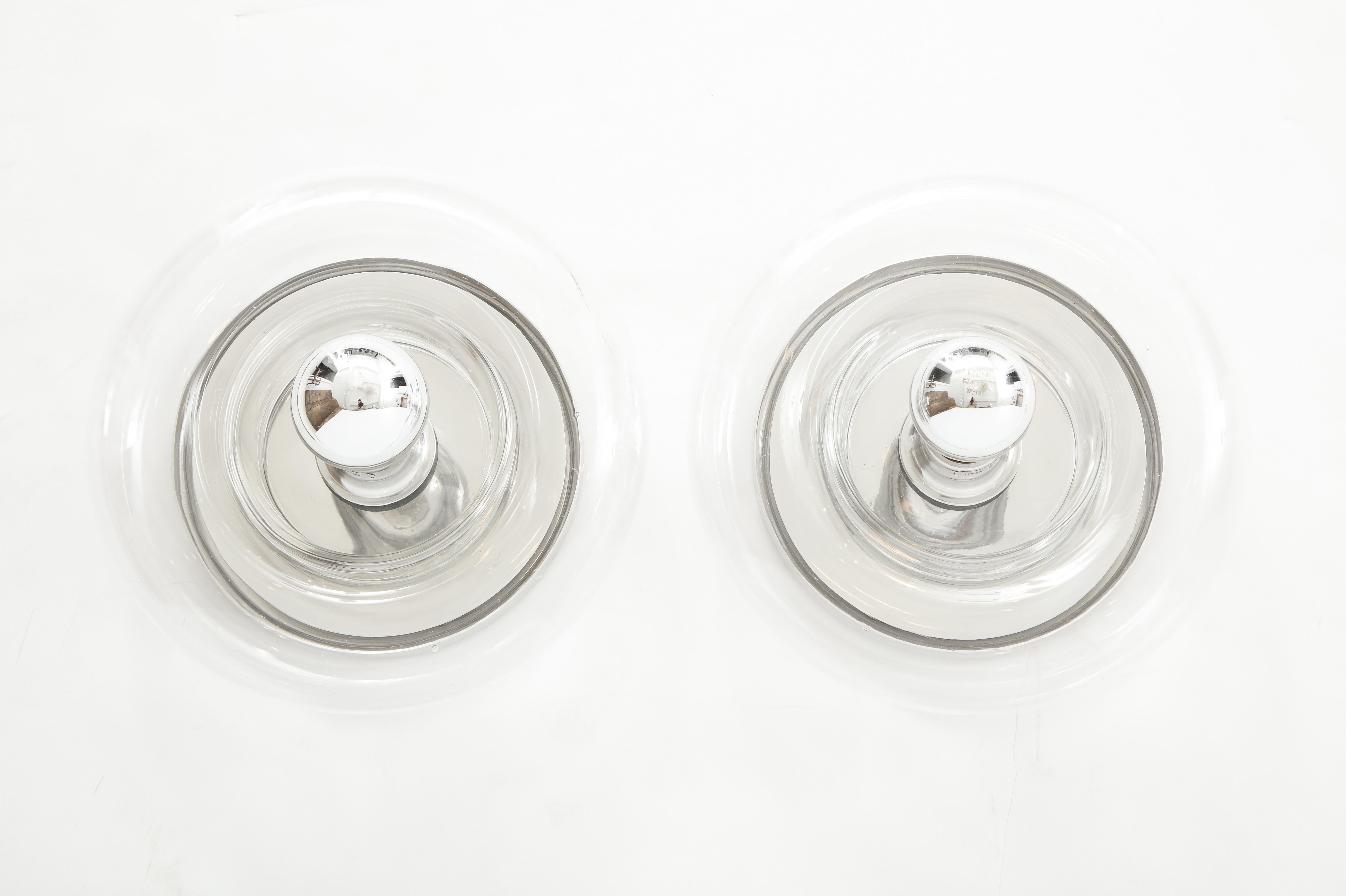 Mid-Century Modern Pair of Minimalist Glass Donut Sconces / Flush Mounts by Doria