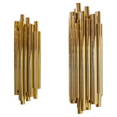 Vintage Pair of Minimalist Gold-Plated Brass Wall Lights, Italy, 1980s