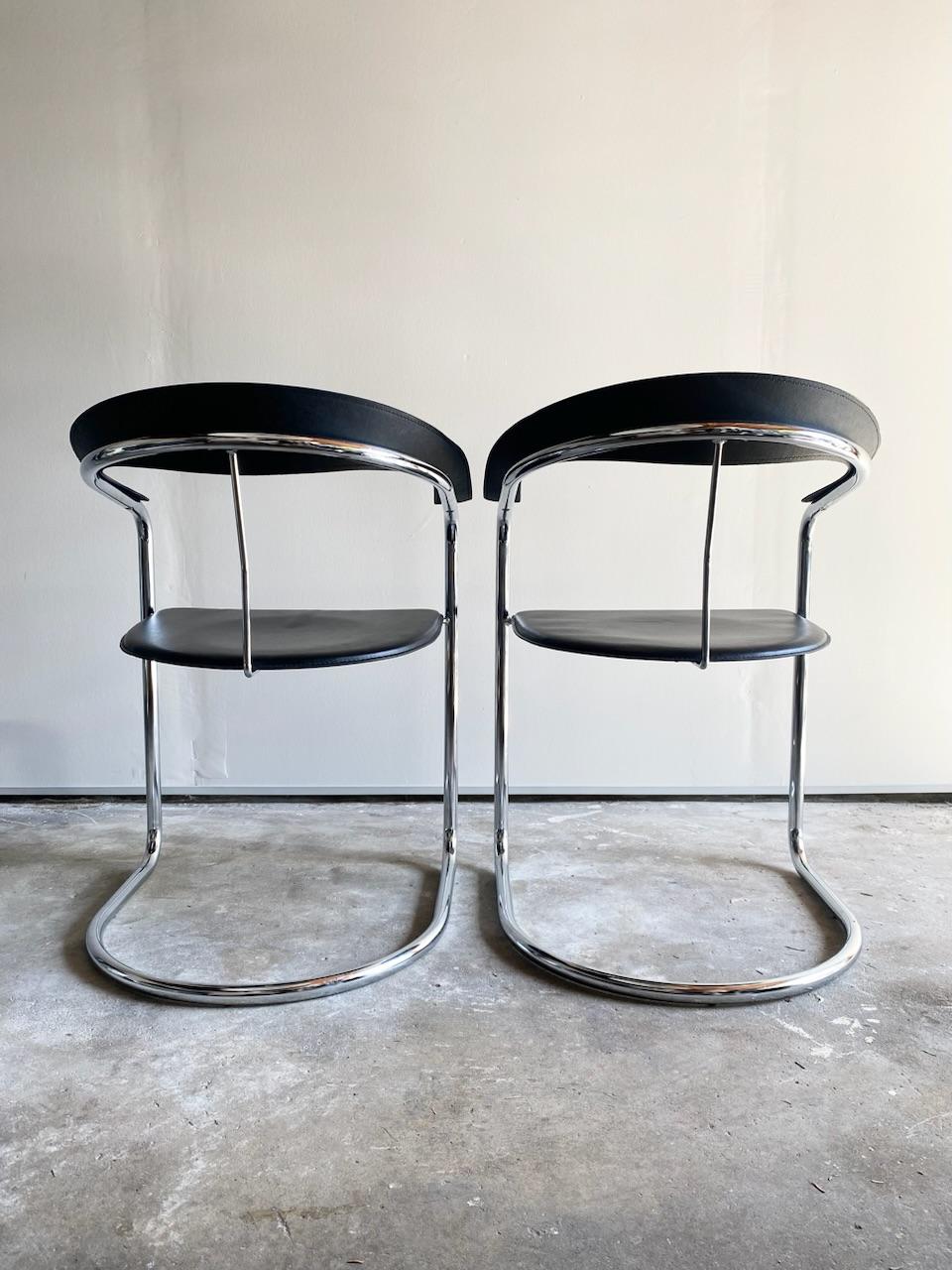 Pair of Minimalist Italian Chrome & Black Leather Canasta Chairs,  Arrben, Italy In Good Condition In North Vancouver, BC