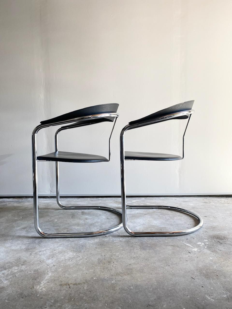 Late 20th Century Pair of Minimalist Italian Chrome & Black Leather Canasta Chairs,  Arrben, Italy
