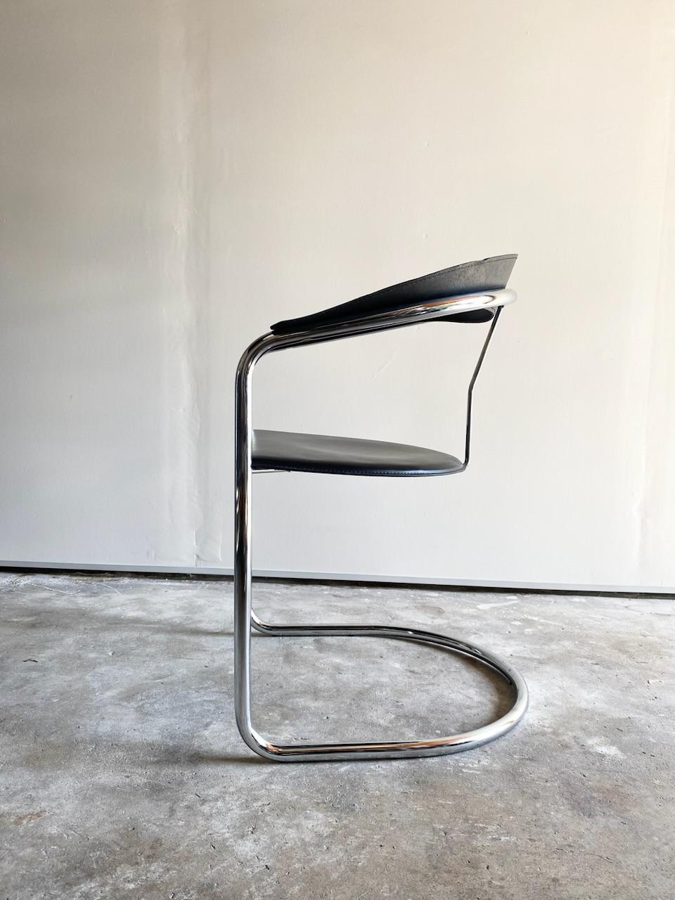 Pair of Minimalist Italian Chrome & Black Leather Canasta Chairs,  Arrben, Italy 1