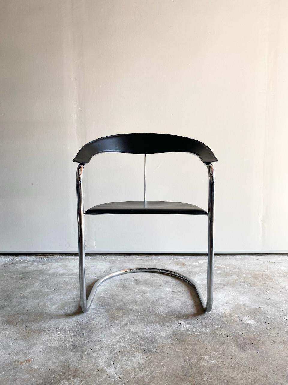 Pair of Minimalist Italian Chrome & Black Leather Canasta Chairs,  Arrben, Italy 2