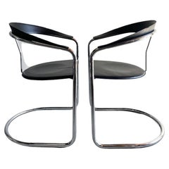 Vintage Pair of Minimalist Italian Chrome & Black Leather Canasta Chairs,  Arrben, Italy