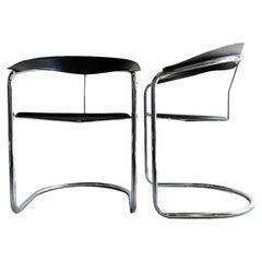 Pair of Minimalist Italian Chrome & Black Leather Canasta Chairs, Arrben, Italy