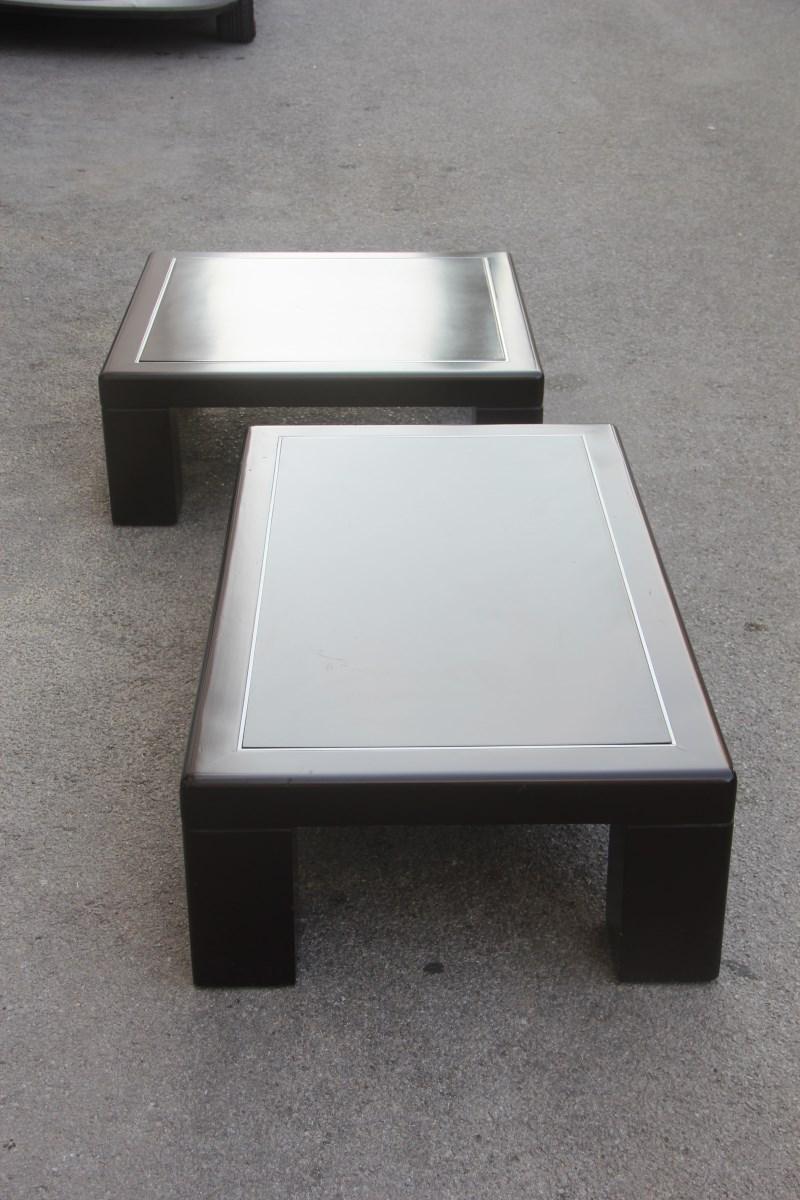 Pair of Minimalist Low Tables in Brown and Aluminum Lacquer Italian Design, 1970 For Sale 2