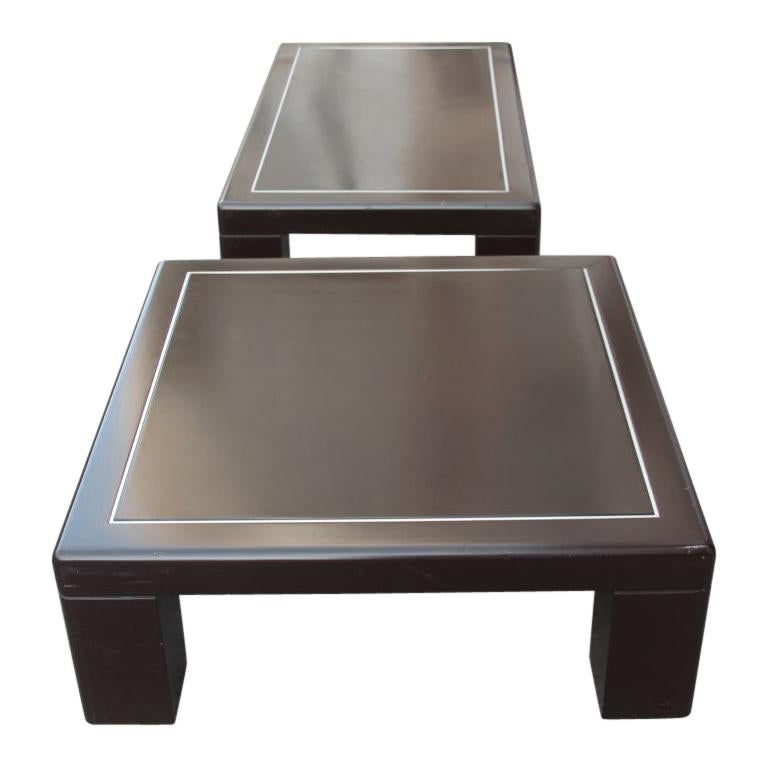 Pair of Minimalist Low Tables in Brown and Aluminum Lacquer Italian Design, 1970 For Sale