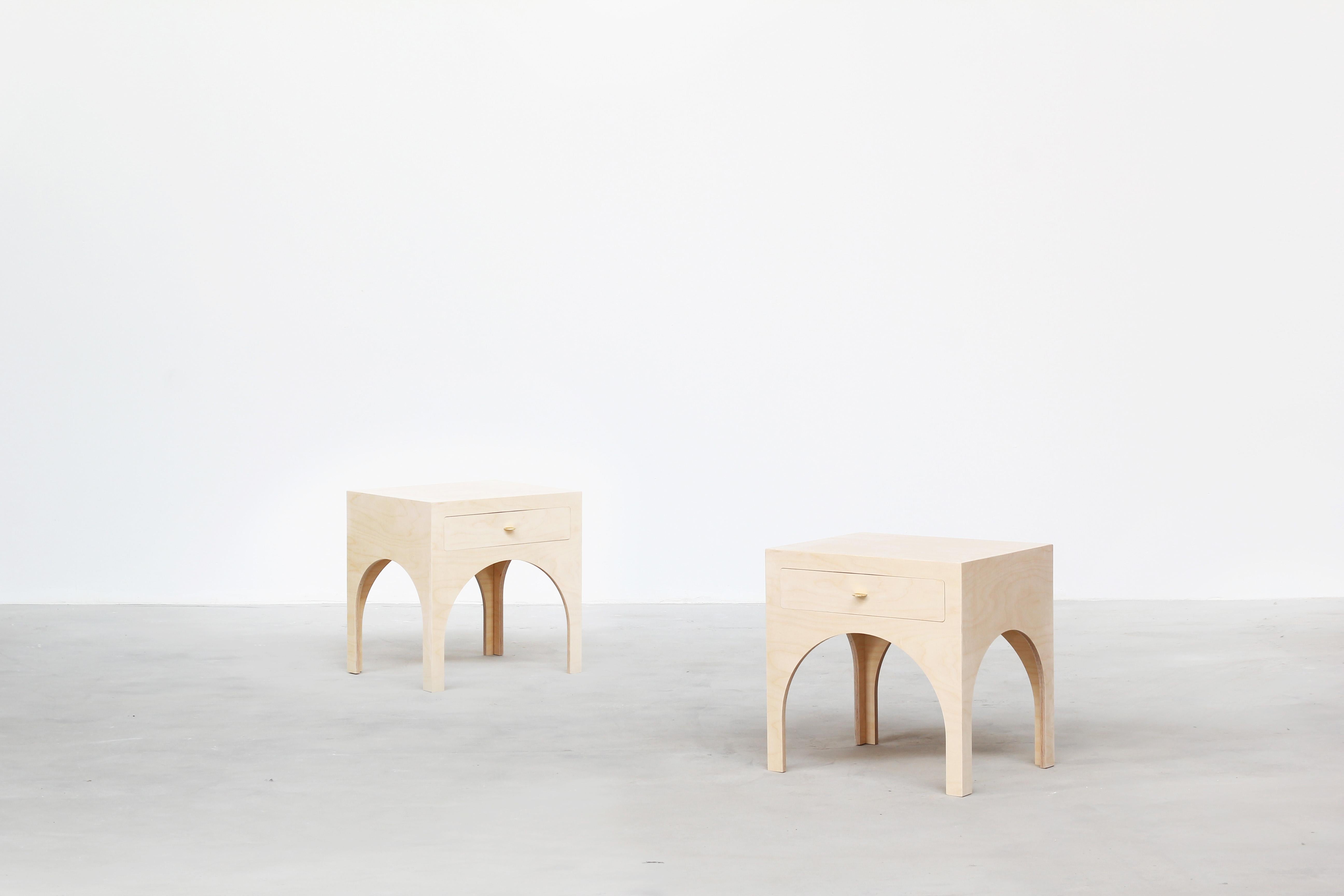 A beautiful pair of nightstands designed by Yuzo Bachmann for Atelier Bachmann, handcrafted in Germany, 2019.
These nightstands are made out of plywood and brass handles. Finished with natural furniture wax.

Available made to order within 3-4