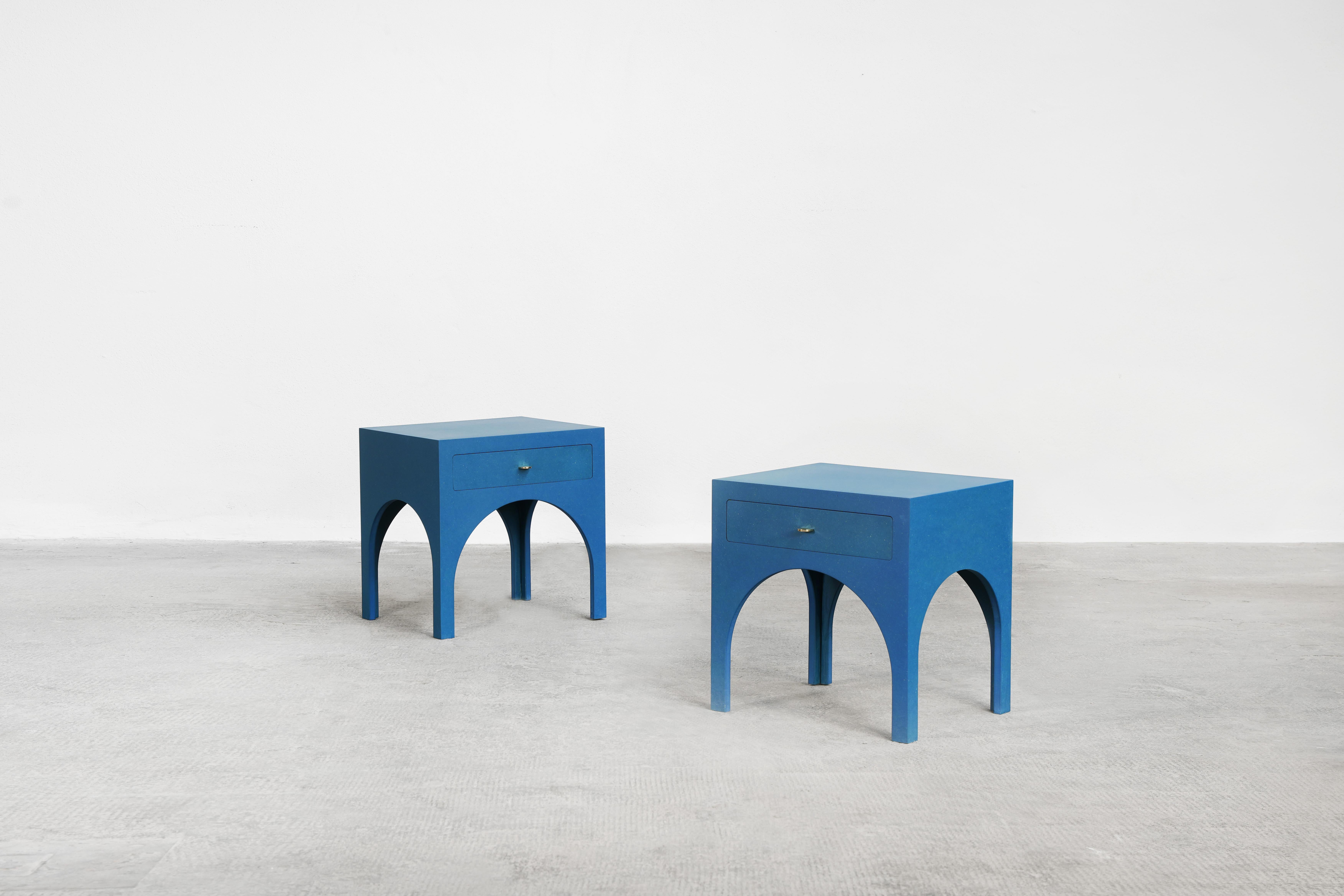 A beautiful pair of nightstands designed by Yuzo Bachmann for Atelier Bachmann, handcrafted in Germany, 2019.
These nightstands are made out of blue valchromat and brass handles. Finished with natural furniture wax.

Available made to order within