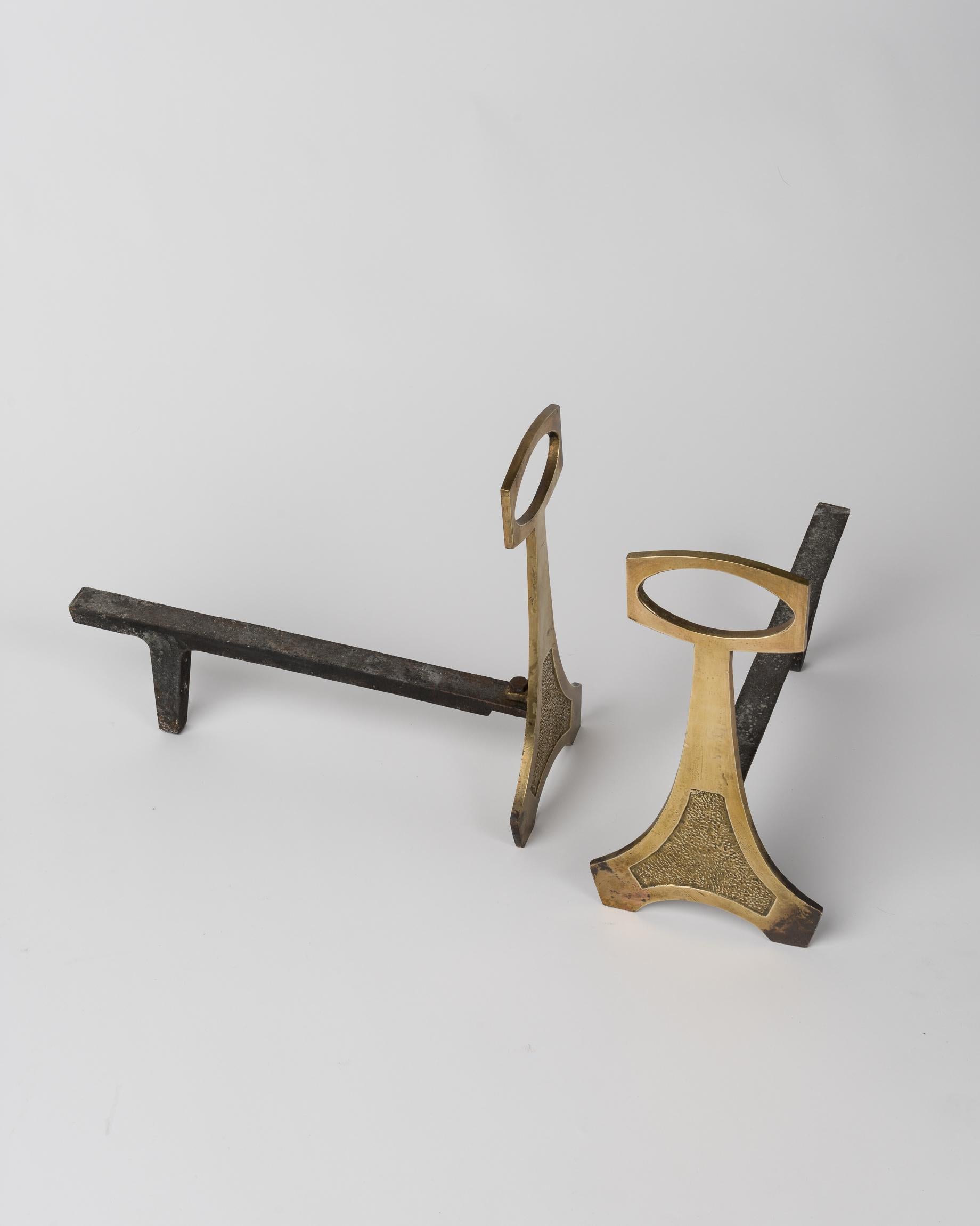 Late 20th Century Pair of Minimalist Patinated Bronze Andirons with Etched Motif, France, 1970s For Sale