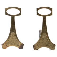 Pair of Minimalist Patinated Bronze Andirons with Etched Motif, France, 1970s