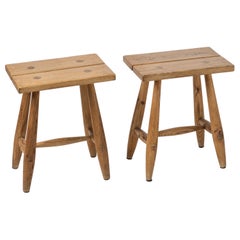 Pair of Minimalist Pinewood Stools, France, 1970s