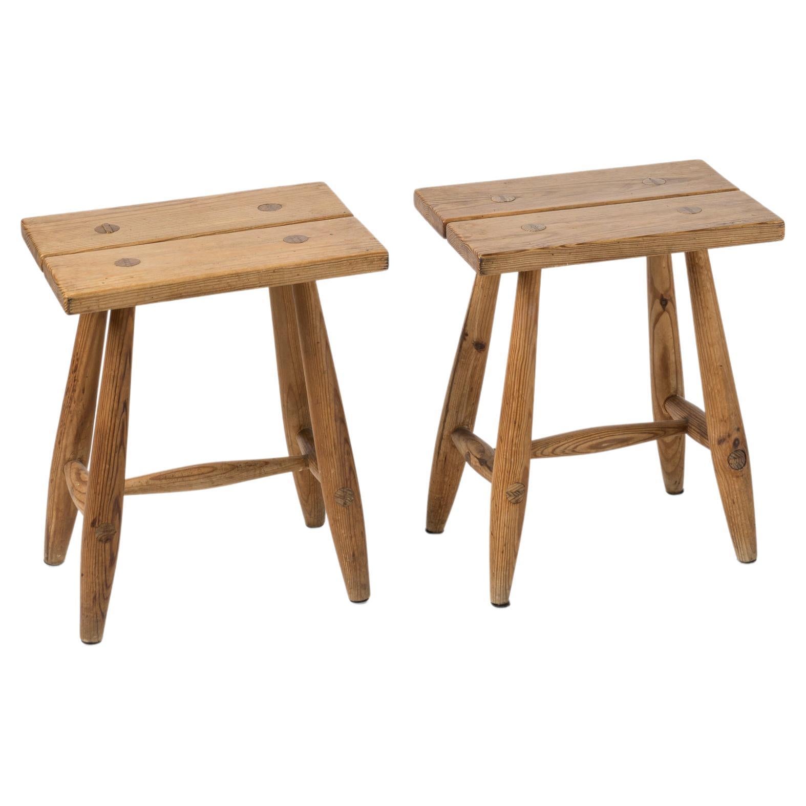 Pair of Minimalist Pinewood Stools, France, 1970s