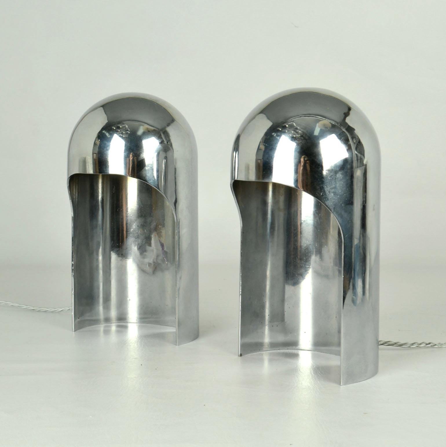 Aluminum Pair of Minimalist Polished Domed Table Lamps, Italy, 1960's For Sale