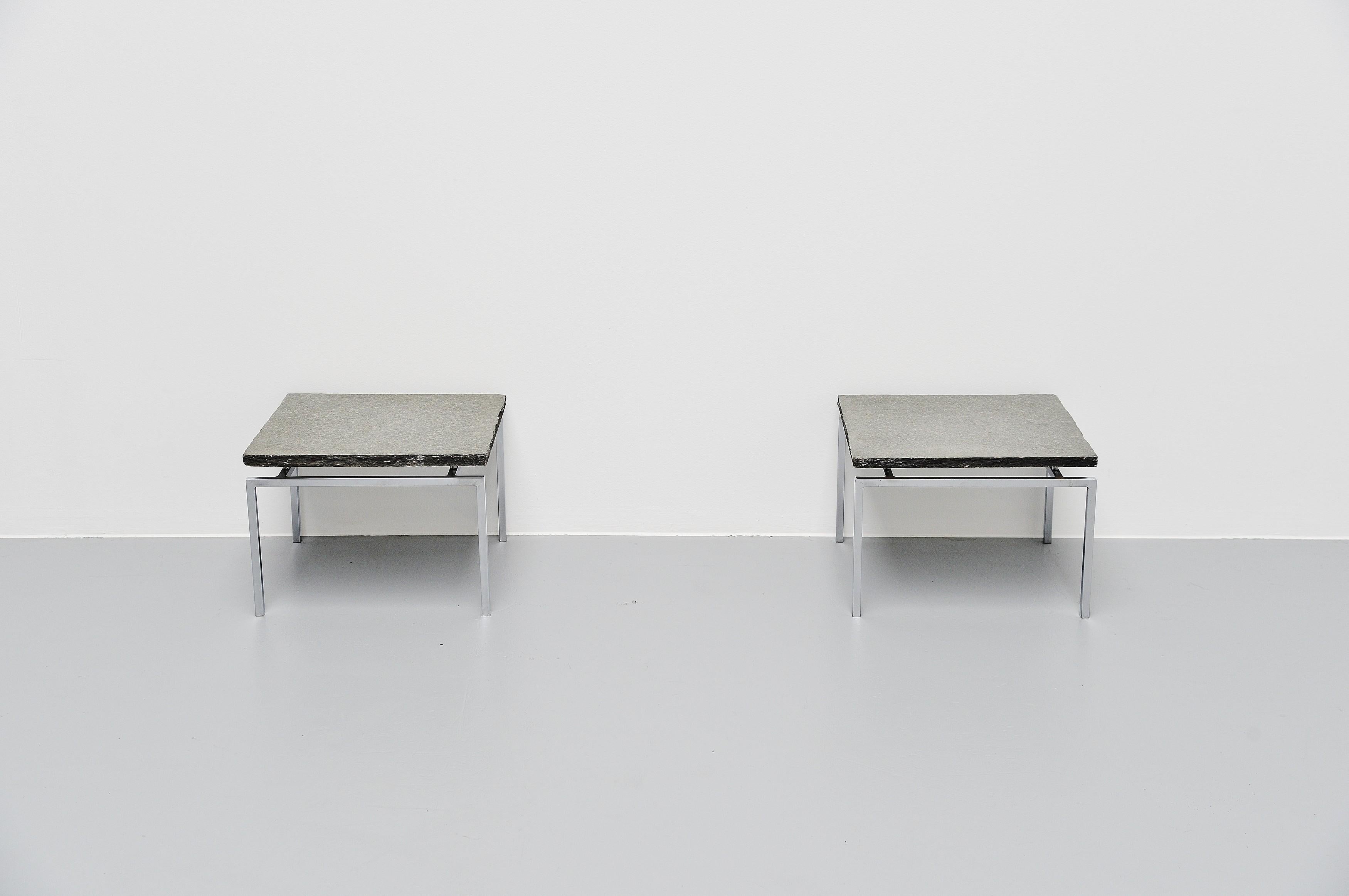 Nice pair of minimalist side tables by unknown designer or manufacturer, Denmark, 1960. Very nice tubular chrome-plated frames with hand cut slate tops with rough sides. Very nice grey colored slate tops with nice veins in the slate stone. Tables