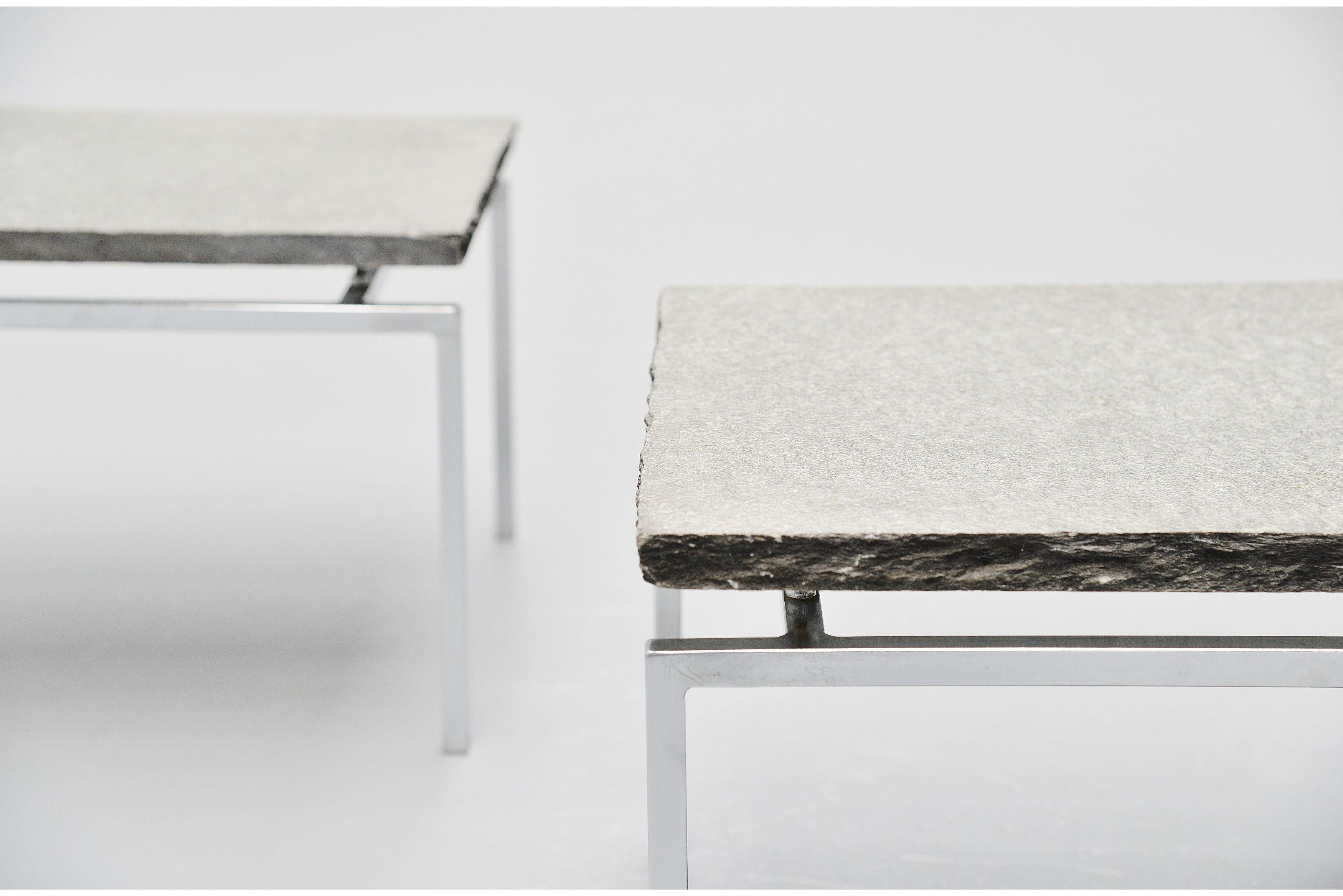 Steel Pair of Minimalist Slate Side Tables, Denmark, 1960