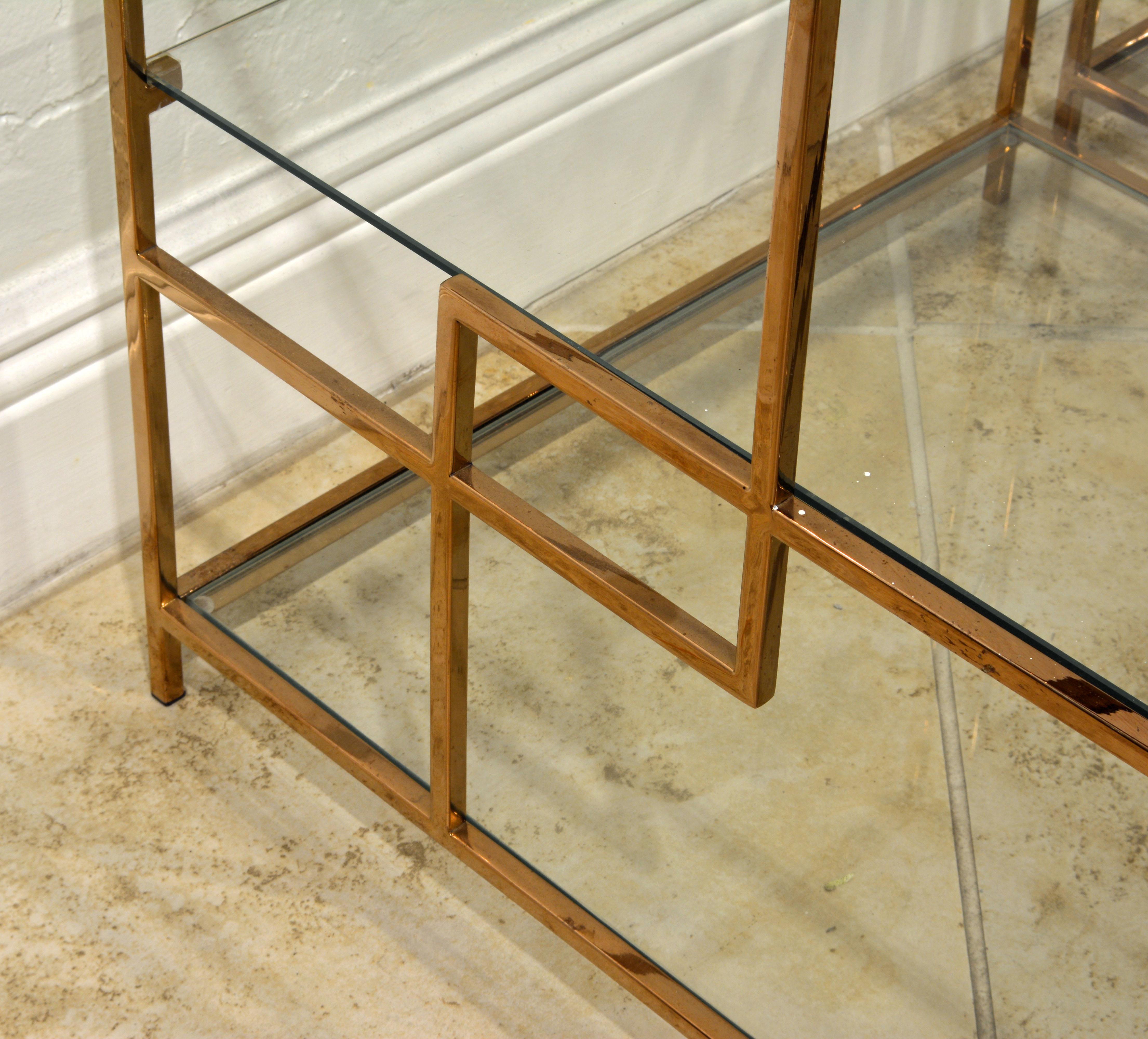 Pair of Minimalist Solid Brass and Glass Piet Mondrian Style Two Step End Tables 3
